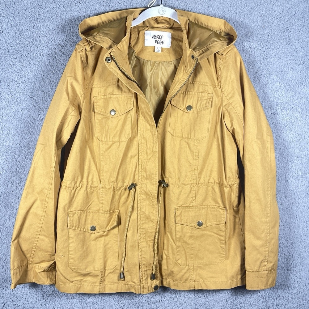 Outer Edge Womens L Mustard Yellow Hooded Utility Anorak Jacket Drawstring